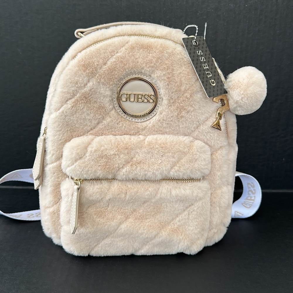 New Guess Cream Plush Mini Backpack with Faux Fur